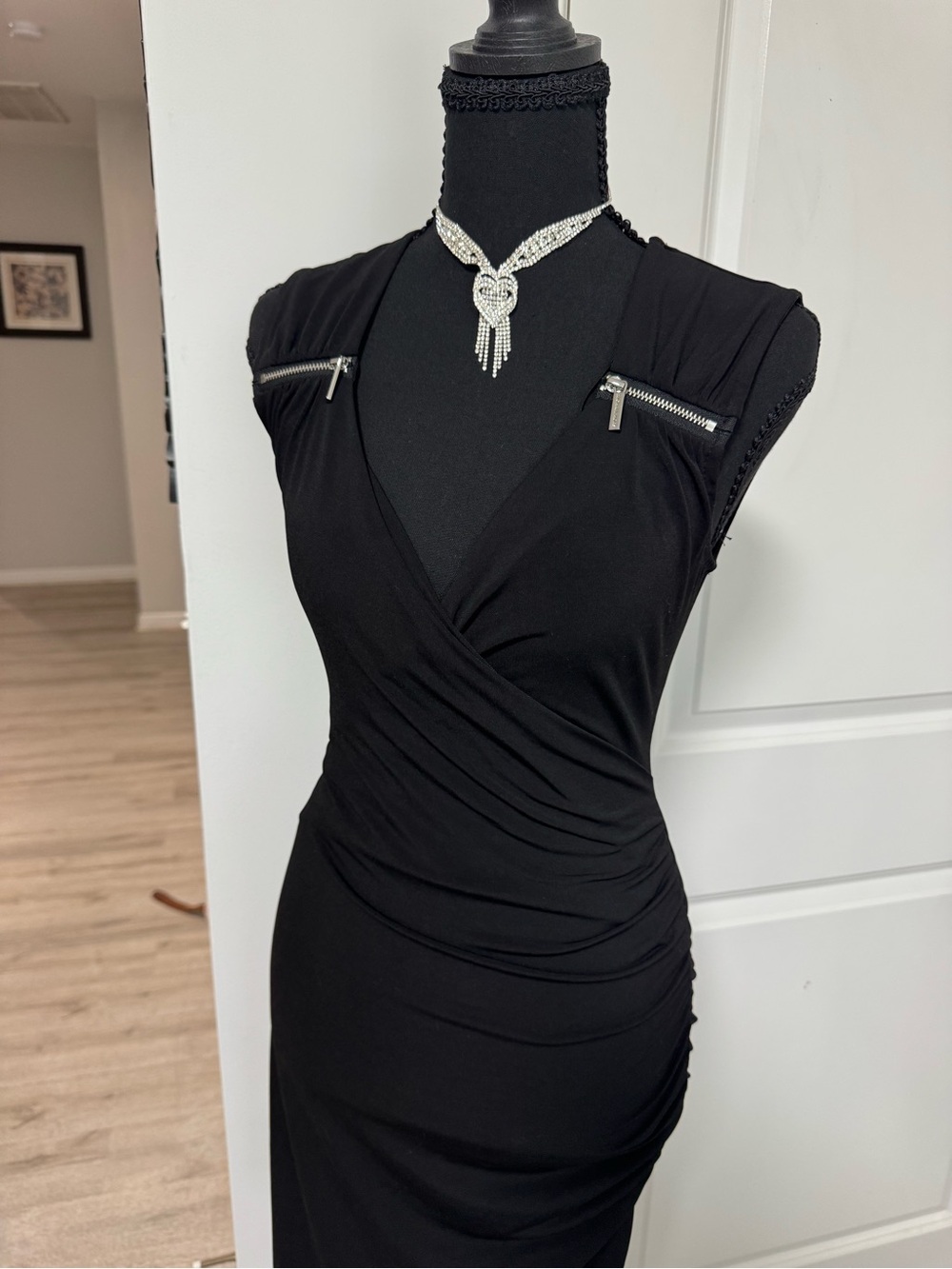 Michael Kors Black Ruched V-Neck Midi Dress with Zip Accents